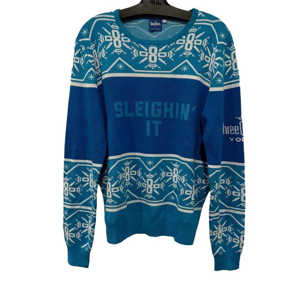 Three Olives Vodka "Sleighin' It" Mens Large Blue/White Ugly Christmas Sweater‎